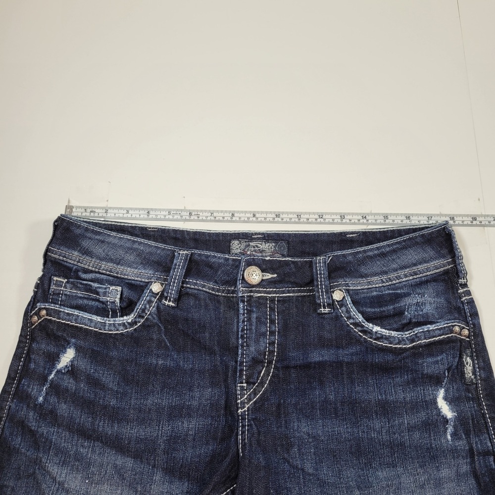 Silver Jean Suki Mid Short Women Size 14 Blue Excellent Dark Wash Distressed - Picture 3 of 9